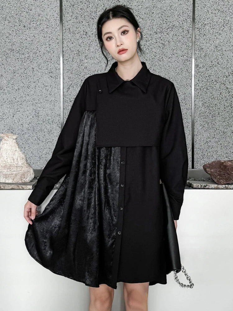 Beberino Black Velvet Pleated Shirt Dress - Big Size, Long Sleeve, Fashionable Mini