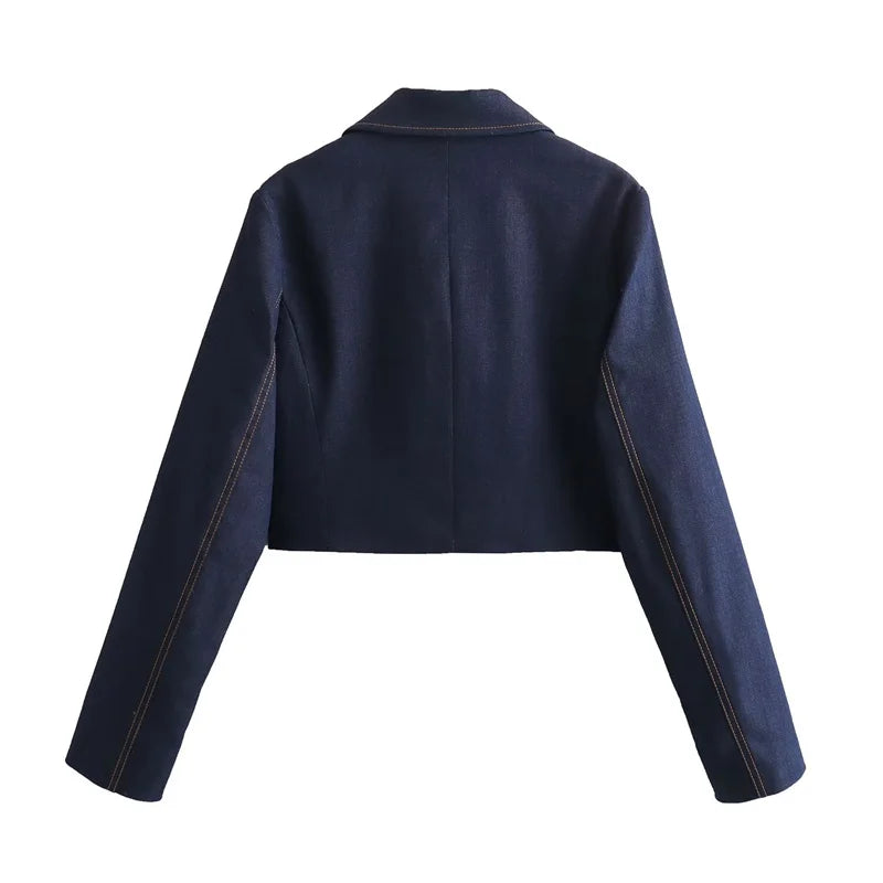 Beberino Women's Retro Navy Blue Zipper Short Jacket - Loose Fit Turn Down Collar Crop Top