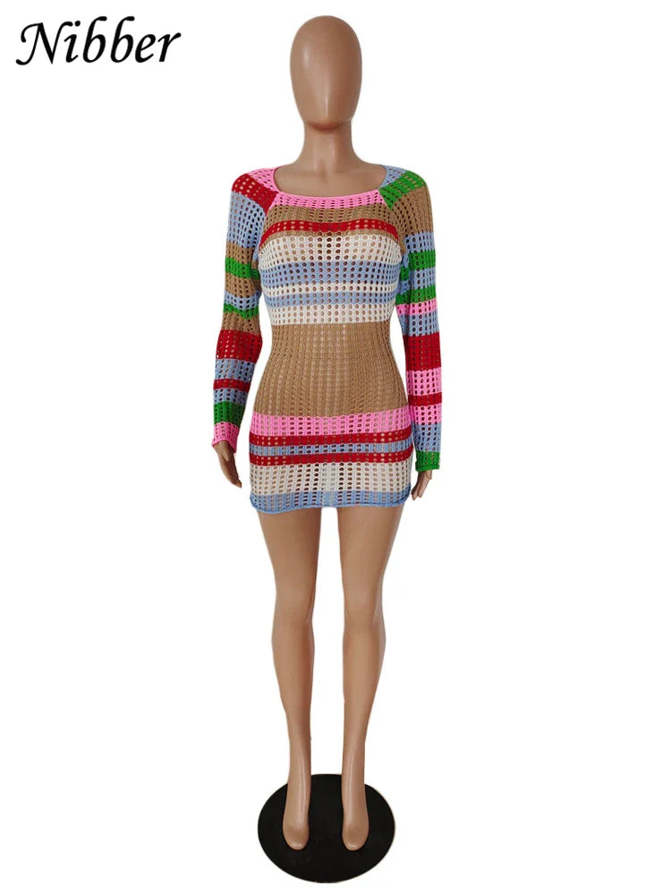 Beberino Mesh Knit Mini Dress - Colorful Long Sleeve Bodycon for Women