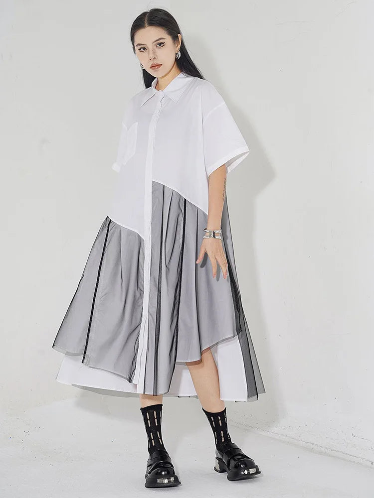 Beberino White Mesh Spliced Irregular Shirt Dress Lapel Short Sleeve Summer 2024