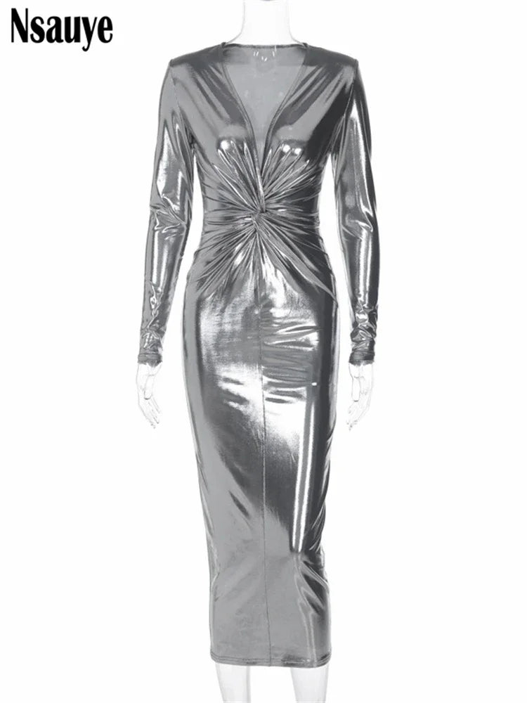 Beberino 2023 Winter Elegant V-Neck Ruched Midi Dress for Women Club Party Office