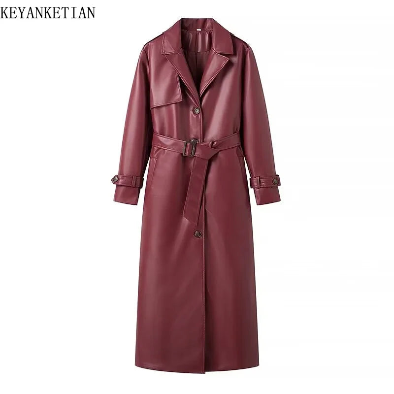 Beberino 2024 Burgundy Faux Leather Coat with Belt Pockets - Retro Fashion Women's Outerwear