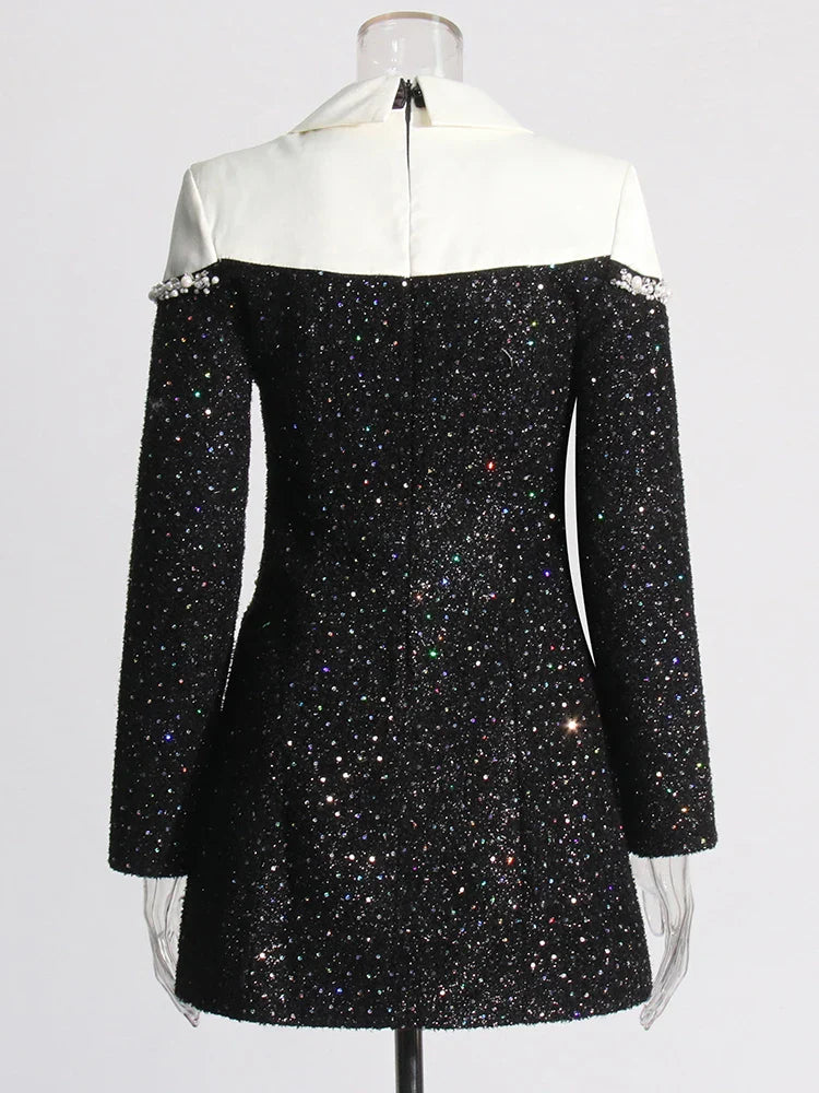 Beberino Colorblock Sequins Dress - Lapel Detail, Long Sleeve, Elegant Design