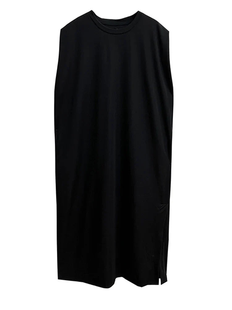 Beberino Women's Elegant Black Midi Dress with Side Slit and Round Neck