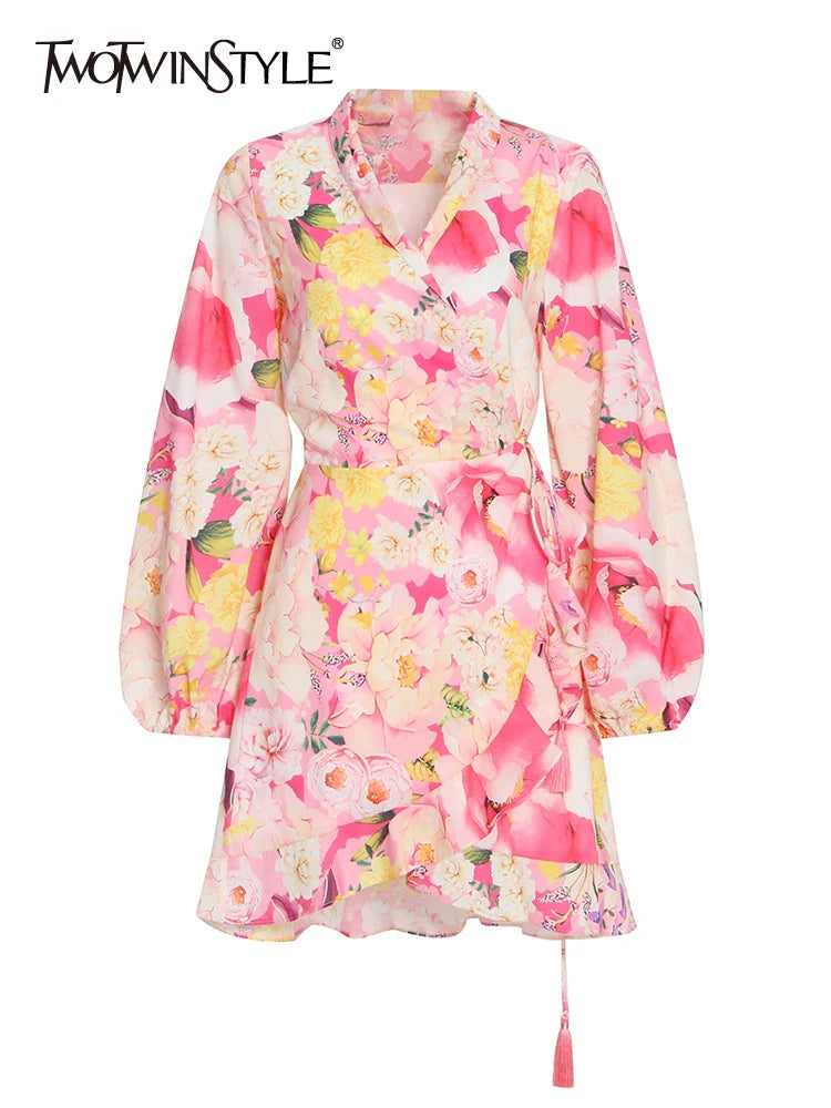 Beberino Floral Print V-Neck Dress with Lantern Sleeves for Women