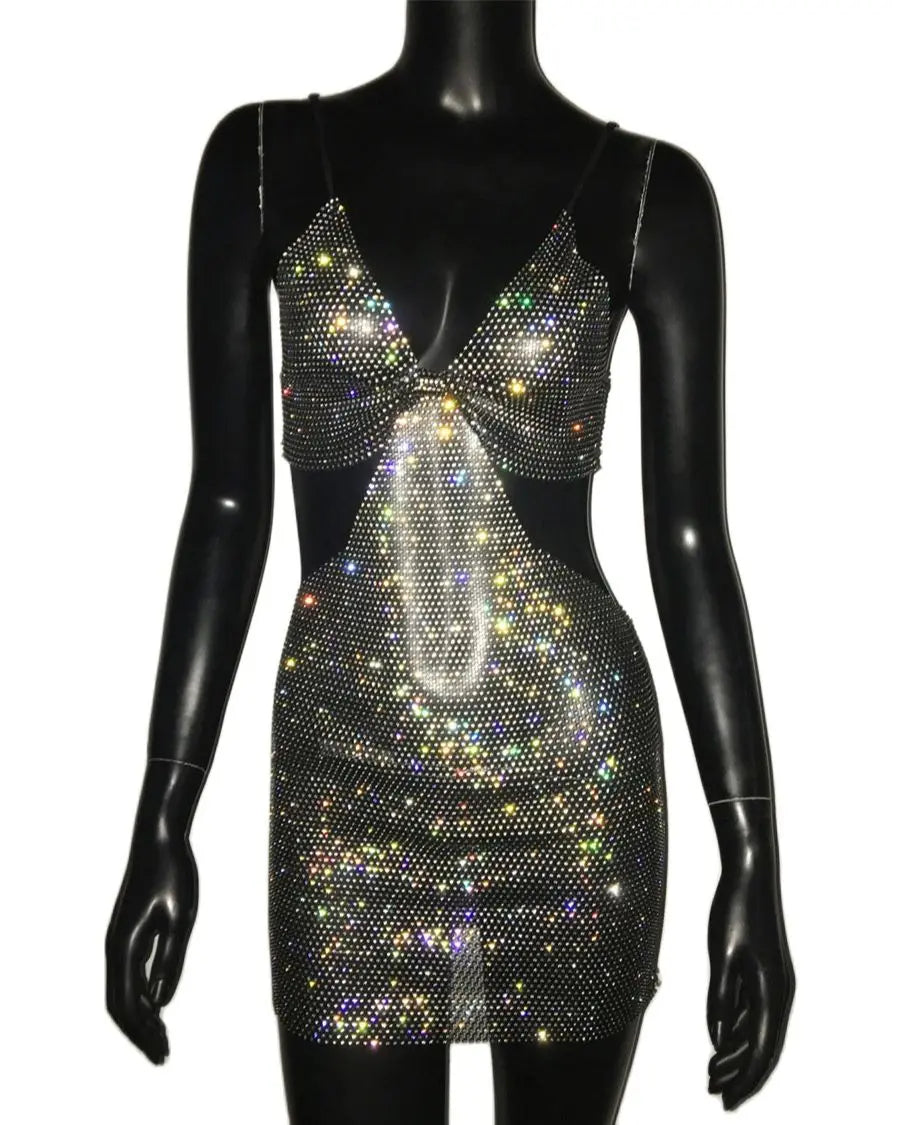 Beberino Glitter Rhinestone Mesh Mini Dress | Y2K Backless Deep V-Neck Nightclub Party Dress