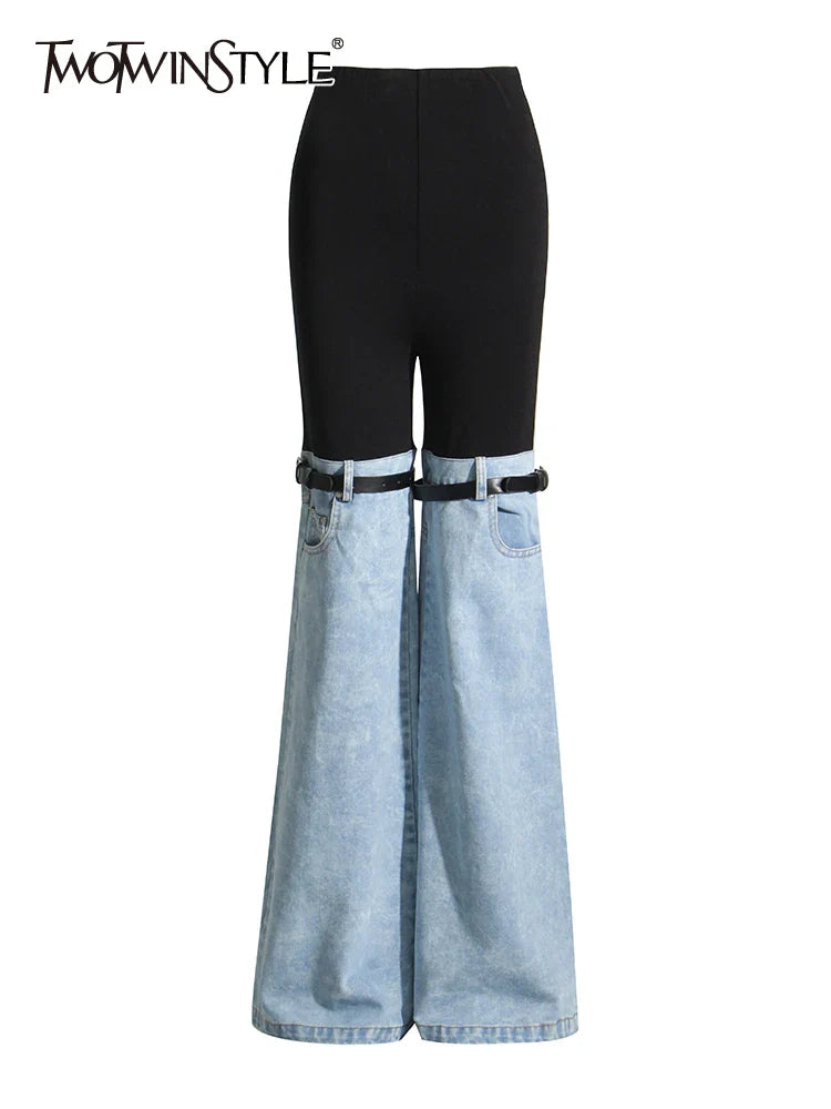 Beberino Denim Wide Leg Pants: High Waist Button Flat Casual Loose Fit.