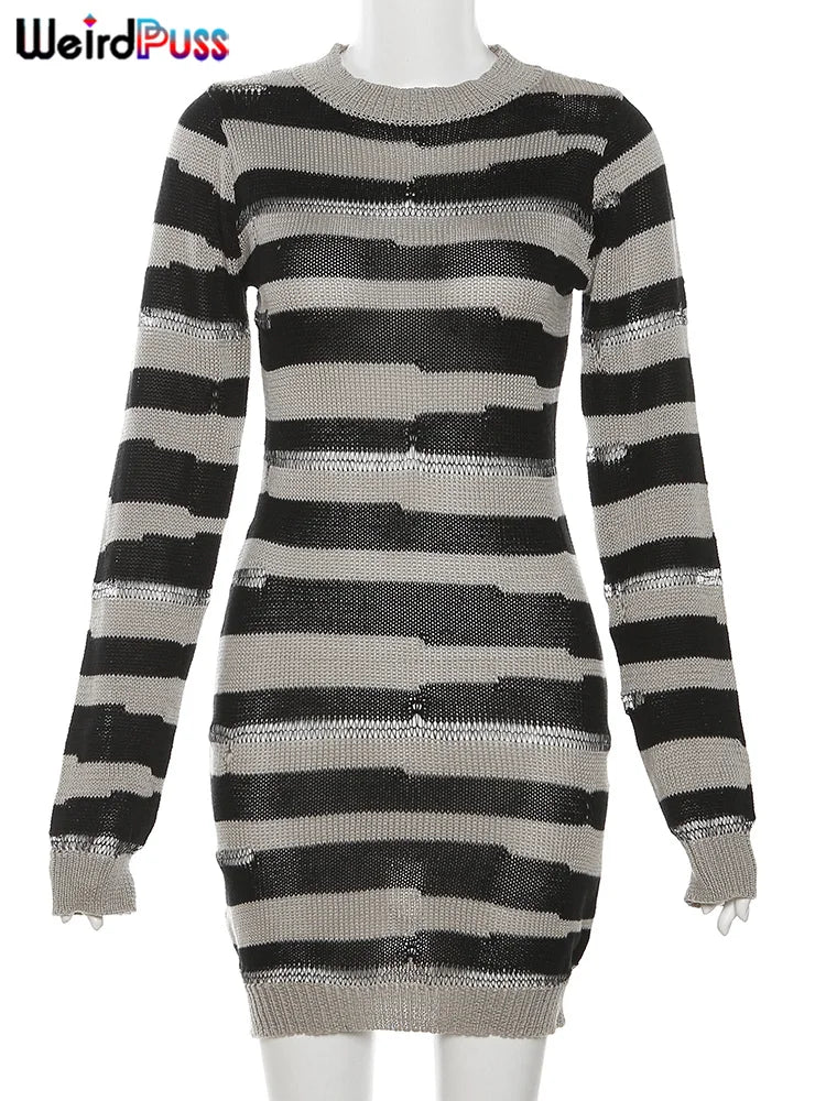 Beberino Striped Knit Dress: Ripped Long Sleeve Bodycon Streetwear