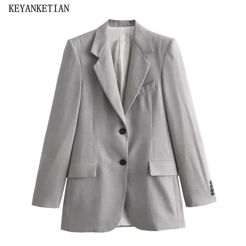 Beberino Light Grey Slim Blazer with Flap Pockets for Office Lady