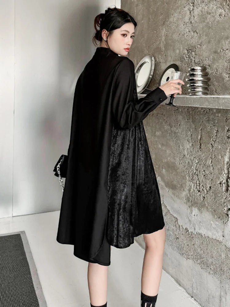 Beberino Black Velvet Pleated Shirt Dress - Big Size, Long Sleeve, Fashionable Mini