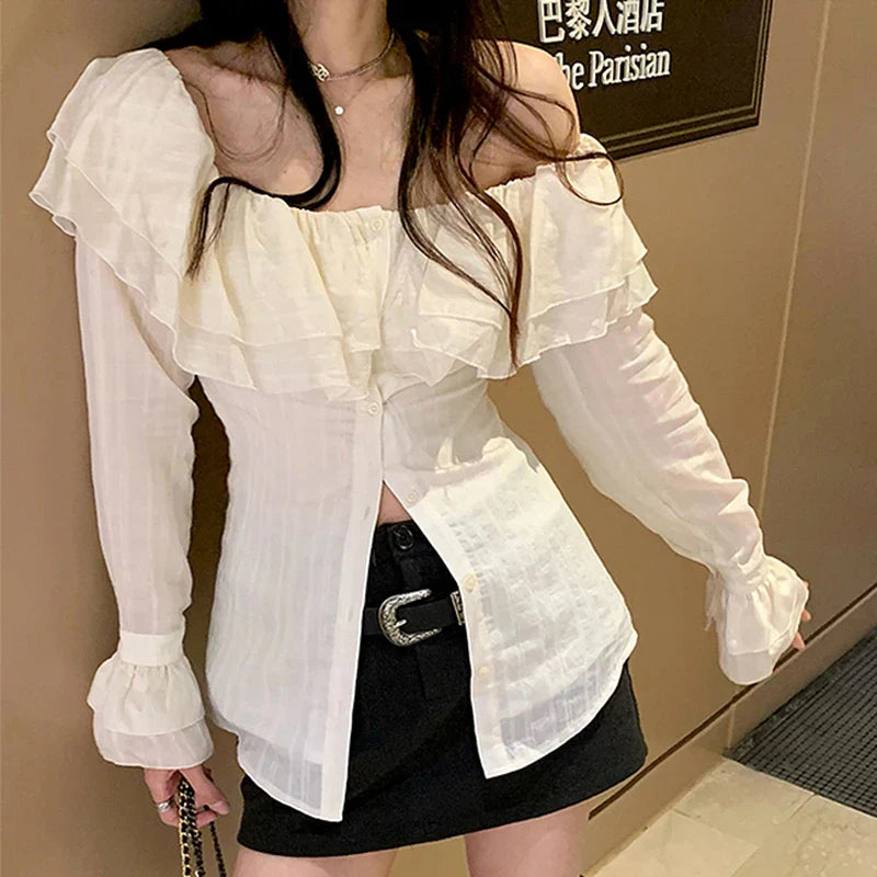 Beberino French Ruffles Off Shoulder Blouse Chic Button Flare Sleeve Female Tops