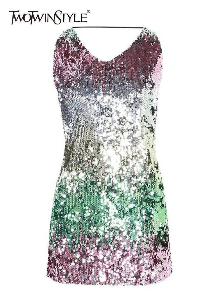 Beberino Sequins Halter Sleeveless Mini Dress High Waist Sheath Sexy Summer Fashion