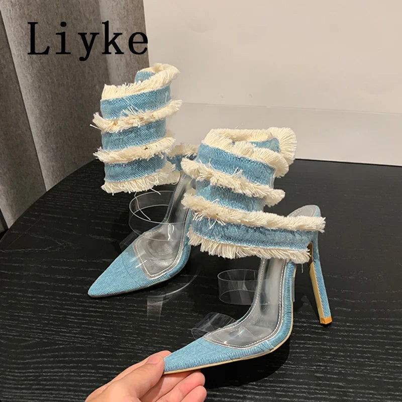 Beberino Blue Denim PVC Sandal: Stylish Ankle Strap High Heels for Women