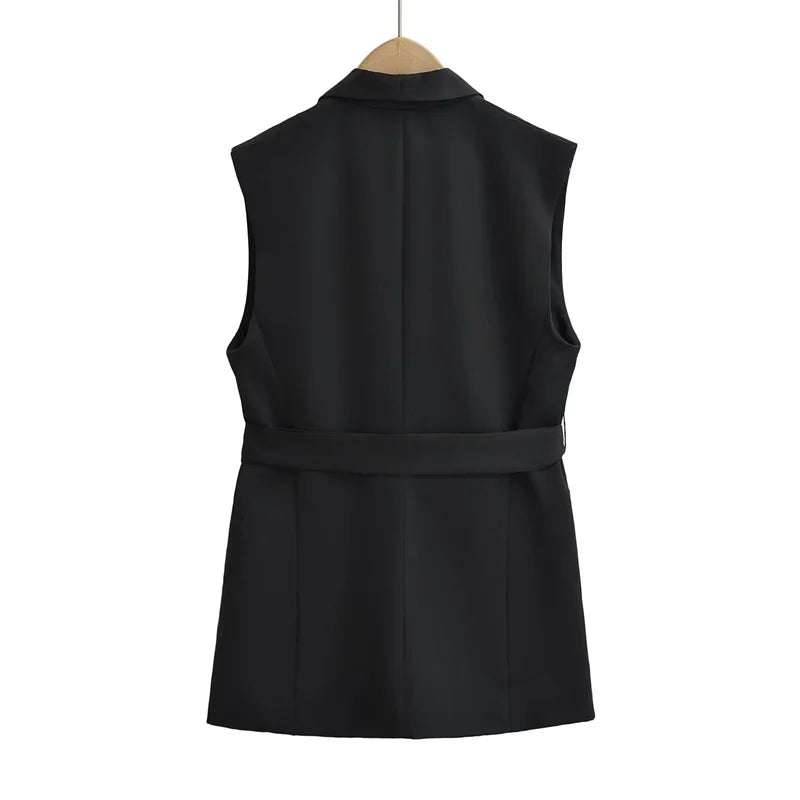 Beberino Women's Belted Black Waistcoat - Simply Stylish Mid-length Sleeveless Vest