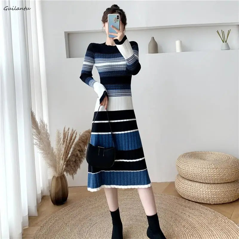 Beberino Striped Knit Sweater Dress: Elegant O Neck Bodycon Mid Dress
