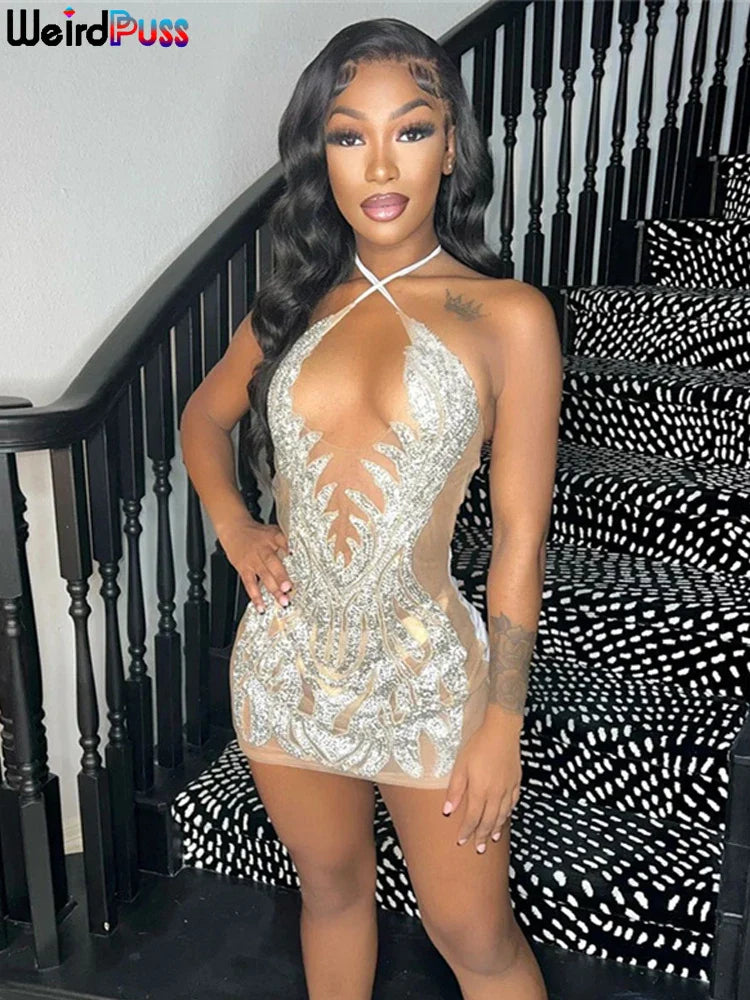 Beberino Diamond Mesh Bodycon Dress - Sexy Lace-Up Backless Clubwear