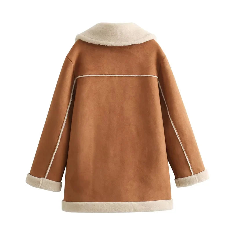 Beberino Winter Faux Fur Padded Suede Coat - Women's Thick Warm Outerwear