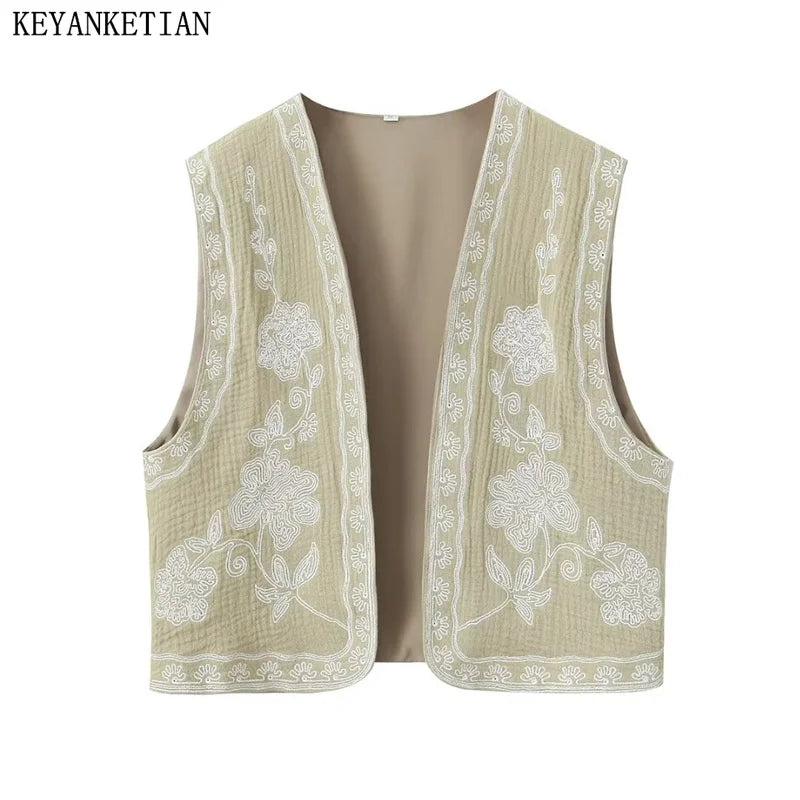 Beberino Vintage Floral Embroidered Open Waistcoat for Women