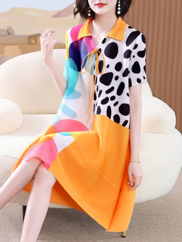 Beberino 2024 Summer Printed Pleated Dress for Women - Elegant, Mid-length, Short-sleeved