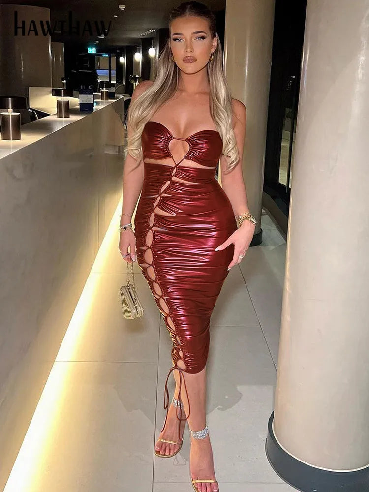 Beberino Red Bodycon Midi Dress for Women - Sexy Club Party Evening Wear