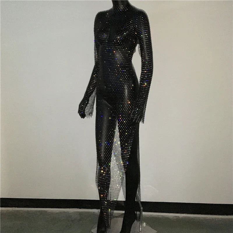 Beberino Rhinestone Fishnet Dress with Side Slit, Sexy Beach Cover Up