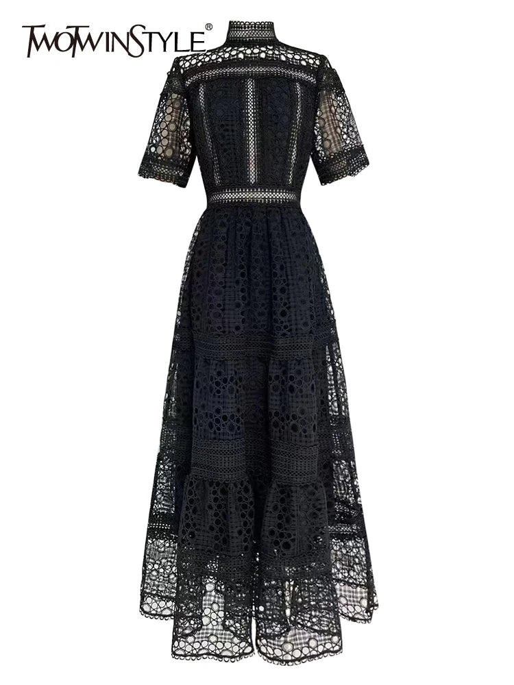 Beberino Embroidered Stand Collar Dress - Vintage Lace Panel Cut Out Elegant Dress