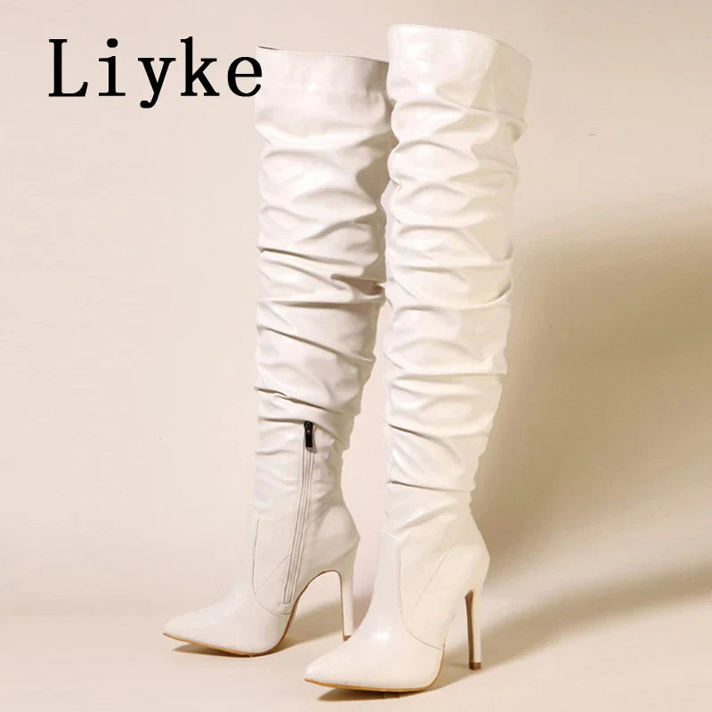 Beberino Pleated Leather Over The Knee Boots, Pointed Toe, Stripper Heels