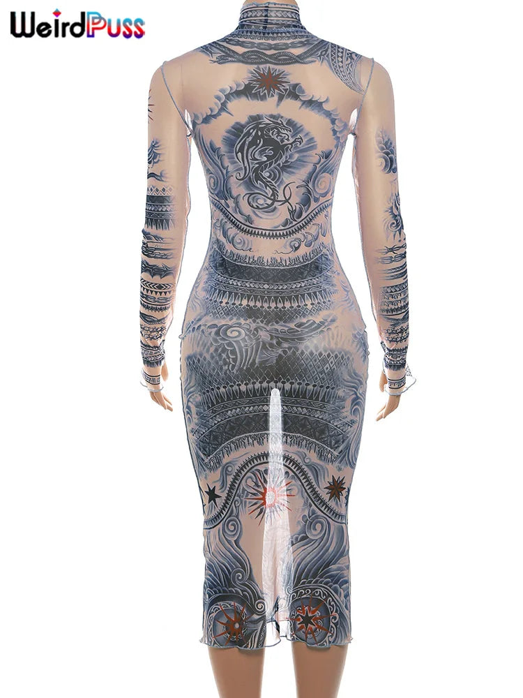 Beberino Vintage Print Long Sleeve Bodycon Maxi Dress