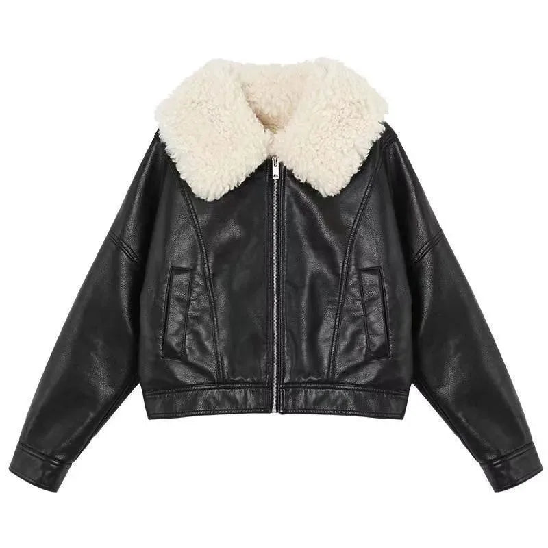 Beberino Faux Lamb Fur Leather Jacket Women's Winter Coat Zipper Fashion Outerwear