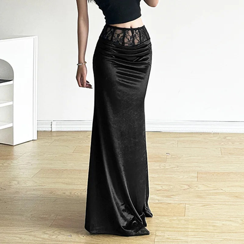 Beberino Velvet Trumpet Skirt: Elegant Gothic Lace Patchwork Y2k Black Mall Fashion