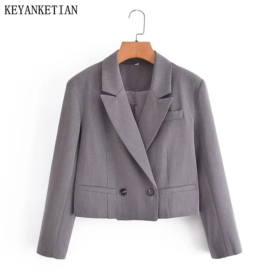 Beberino Grey Double-Breasted Suit Jacket for Women - Office Blazer