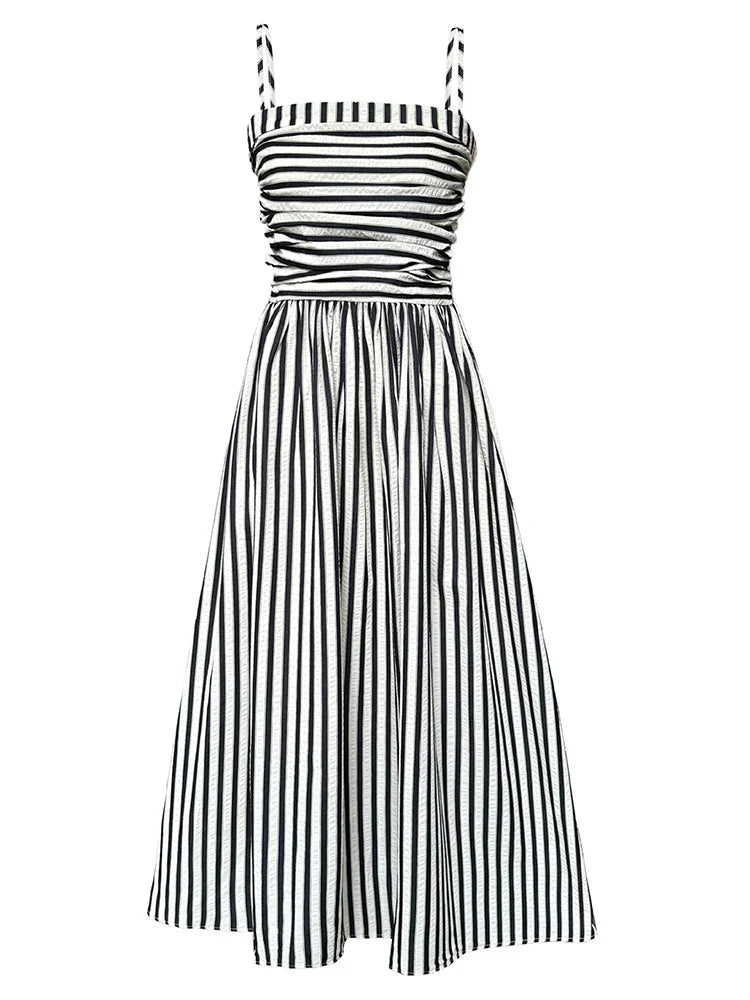 Beberino Sleeveless Black Striped Pleated Long Dress - Elegant & Chic Summer Fashion