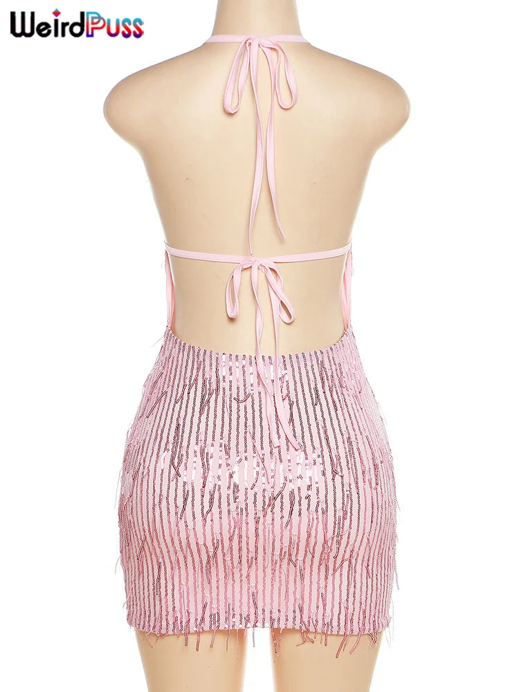 Beberino Glitter Sequins Halter Backless Party Dress for Women Clubwear