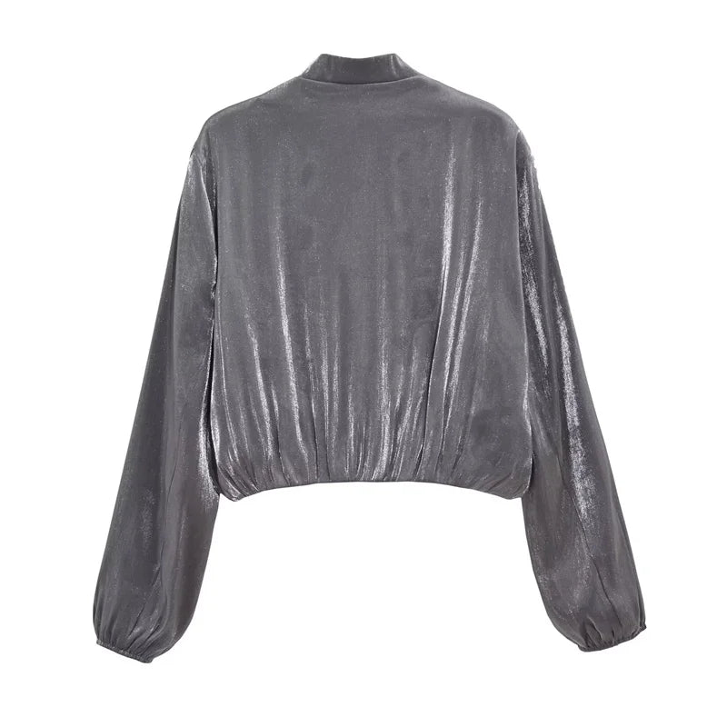 Beberino Dark Grey Metallic Silk Bomber Jacket for Women: Autumn Vintage Zip-up Crop Top