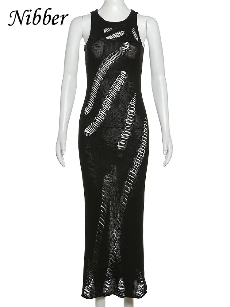 Beberino Knit Maxi Dress: Sheer Sexy Stretch Sleeveless O-Neck Ripped Evening Vacation Dress