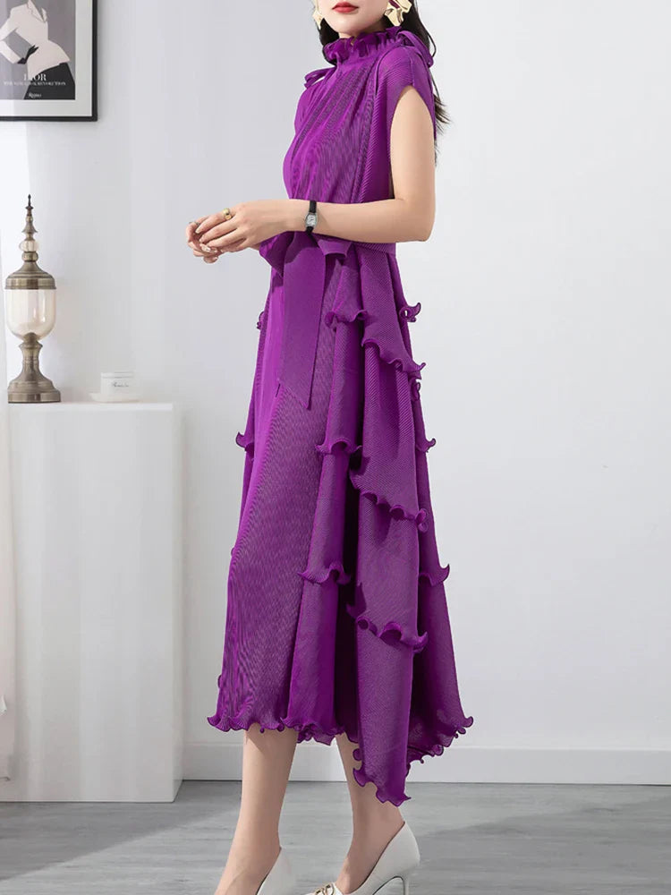 Beberino Ruffled Collar Sleeveless Summer Dress Elegant Mid-Length Solid Folds Women's Fashion