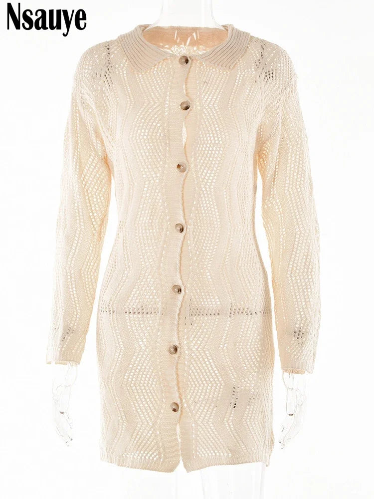 Beberino Sexy Long Sleeve Knit Cardigan Dress for Women - Y2K Party Shirt Dress