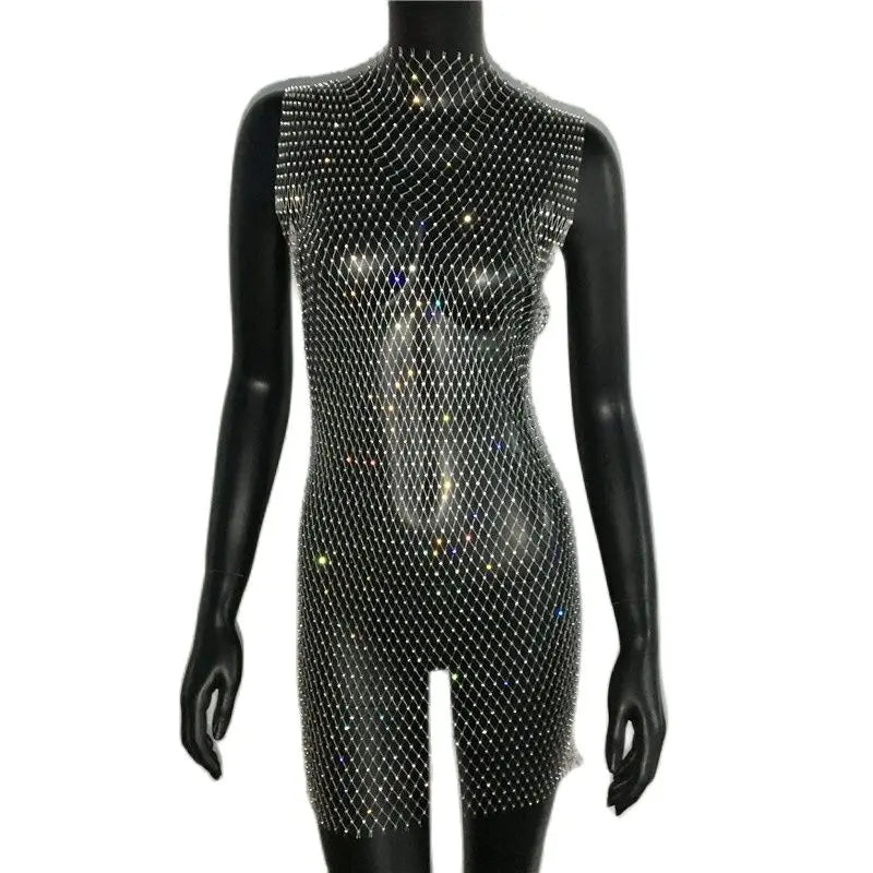 Beberino Sparkly Rhinestone Fishnet Party Dress with Side Split