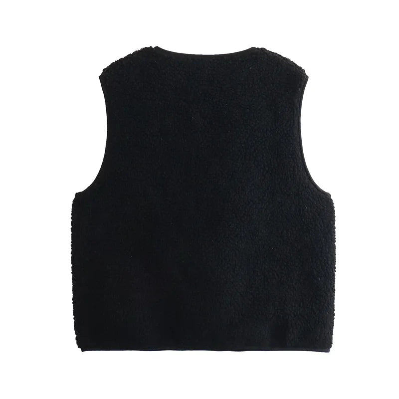 Beberino Lamb Wool Vest: Spring Sleeveless Waistcoat - Black Crop Top Coat