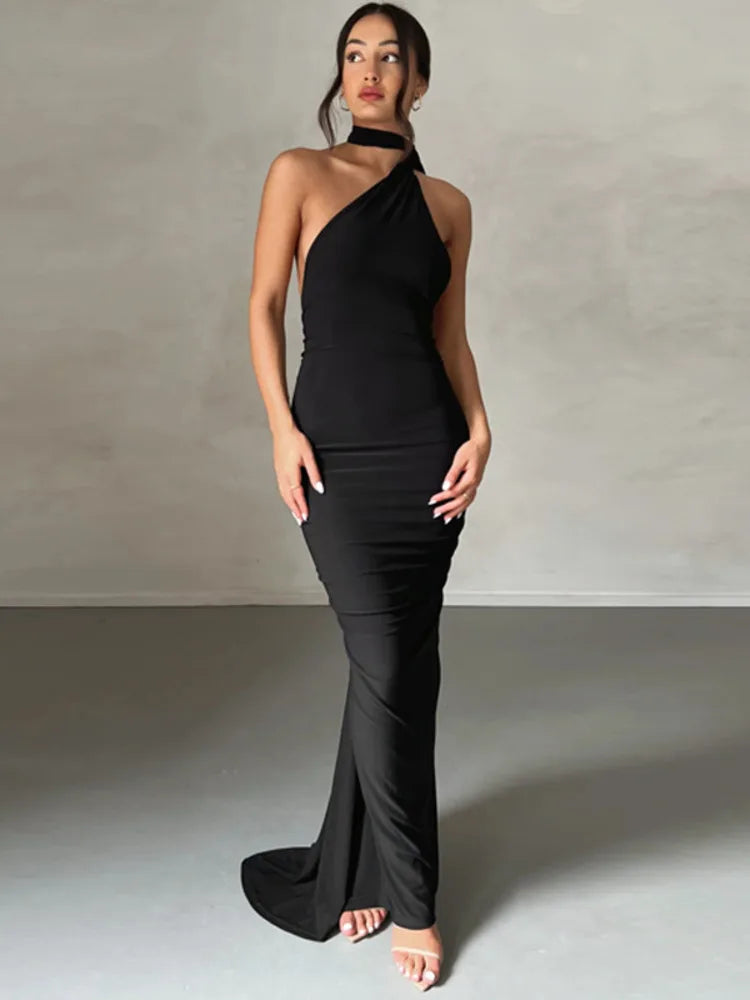Beberino Oblique Shoulder Maxi Dress Women Summer Backless Ruched Party Gown