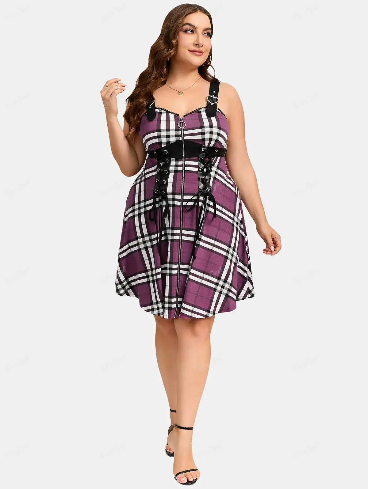 Beberino Plaid Lace Up Gothic Dress 5XL Fit And Flare Knee Length Dress