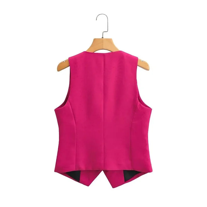 Beberino Women's Rose Red Slim Fit V-neck Vest Coat - Sleeveless Fashion Statement