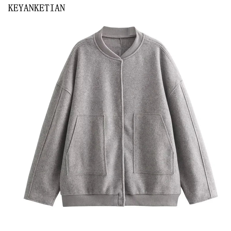 Beberino Light Gray Woolen Bomber Jacket - Women's Fashion Outerwear