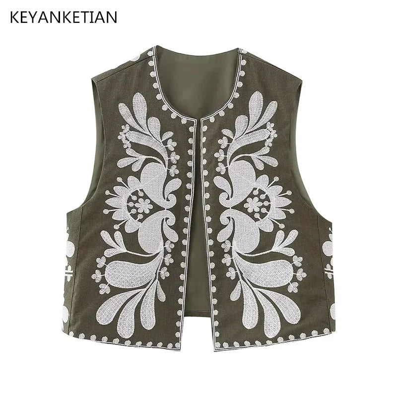 Beberino Floral Embroidery Vest Coat Sleeveless Top for Women