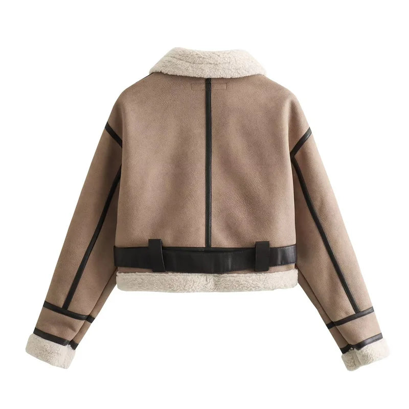 Beberino Double Faced Fur Short Leather Jacket - Padded & Warm Artificial Fur Women's Crop Top