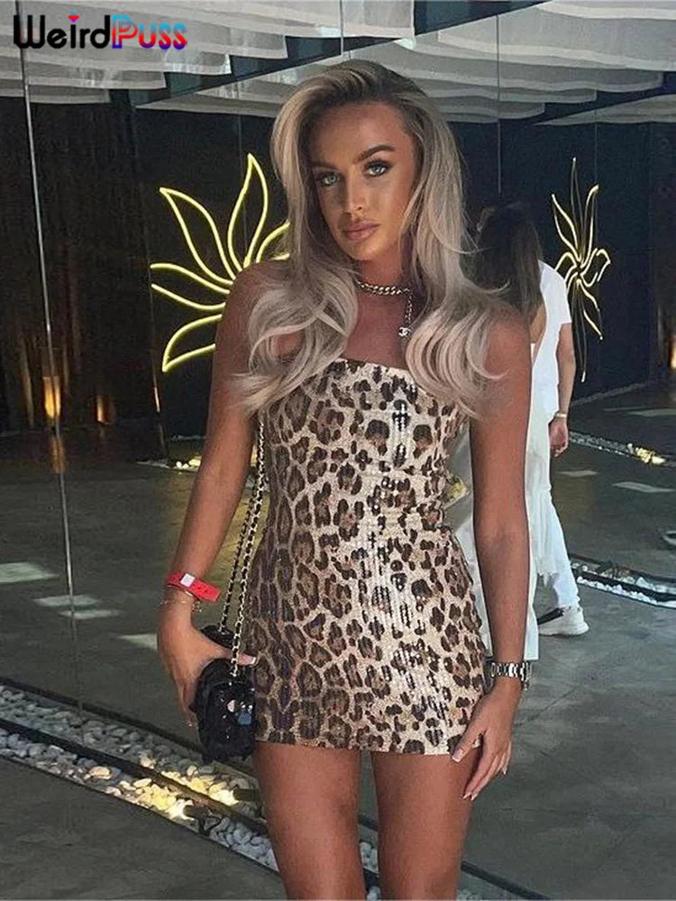 Beberino Leopard Print Sequin Bodycon Dress for Midnight Clubwear