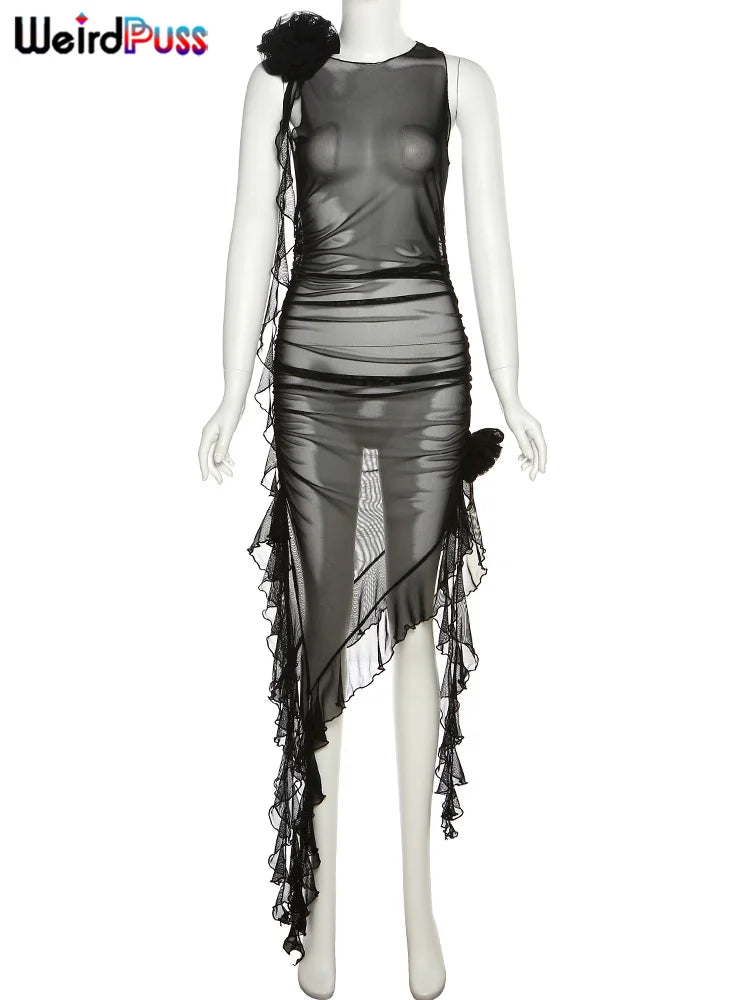 Beberino Sheer Flare Dress 2023 Summer Irregular Sleeveless Clubwear