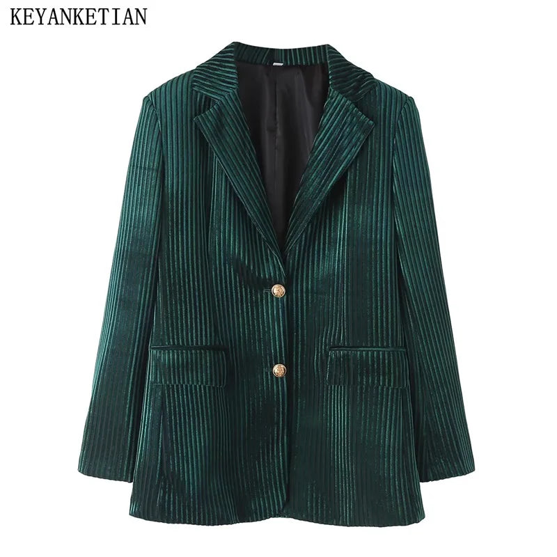 Beberino Winter Velvet Striped Suit Jacket: Retro Style for Office, Dark Green Blazer Top