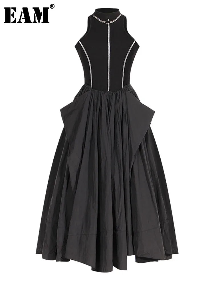 Beberino Sleeveless Turtleneck Dress Black Topstitched Big Hem Elegant Fashions