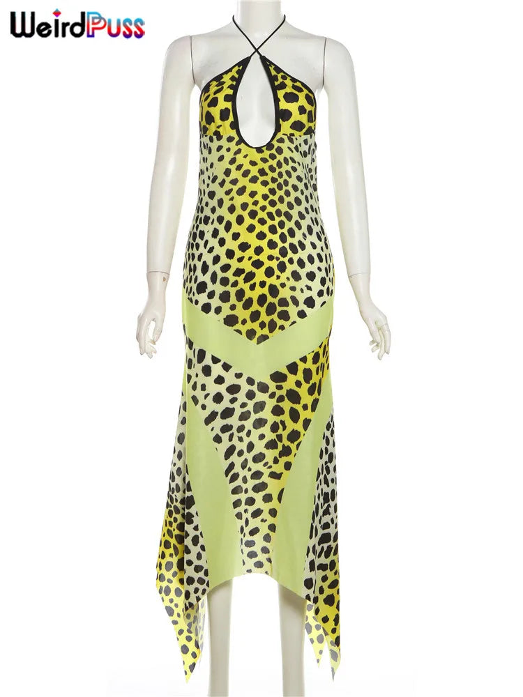 Beberino Leopard Halter Dress: Sexy Backless Chiffon Patchwork Trend, Irregular-Hem Bodycon